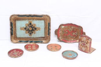 Grouping Of Vintage Italian Florentine Trays, Coasters & Bookend