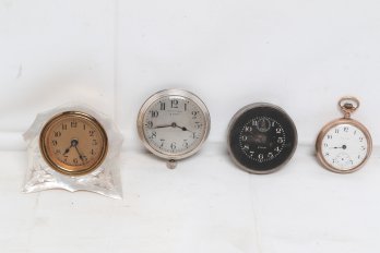 Antique Elgin Gold Fill Pocket Watch W/3 Vintage Travel Alarm Clocks