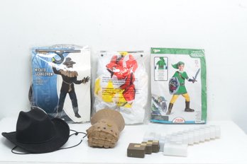 Grouping Of Assorted Boys Halloween Costumes: Wicked Scarecrow, Inflatable Chicken, Legend Of Zeldas Link, Etc