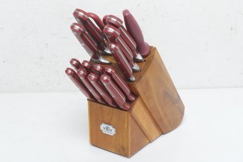 Paula Deane Maroon Handle Knife Set In Butcher Block
