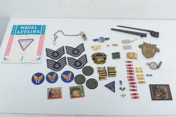Mixed Vintage Military Lot: Patches, Whistle, Dog Tags & Much More