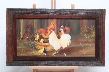 Vintage 1975 ' Barn Yard Chickens ' Oil Painting By Wilma  Sehnert
