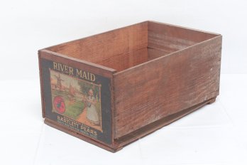 Antique River Maid Blue Goose Bartlett Pear Wood Advertising Crate