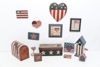 Collection Of American And Patriotic- Themed Wood Folk Art Decorative Items
