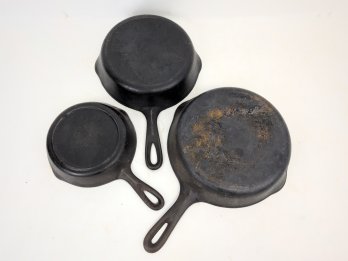 3 Vintage Cast Iron Pans, Wagner Ware, Lodge 3 Notch, USA