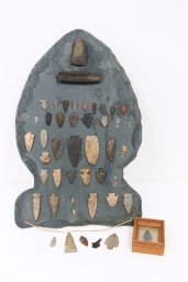 Group Of Native Indian Arrowheads Mounted On Shaped Plywood Board