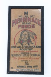 Vintage MERRIMACK Feeds Livestock & Poultry 100lbs Burlap Bag Sack - Framed