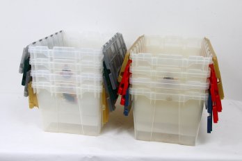 Group Of 8 Plastic 12 Gal Storage Bins Totes With Lids - Stackable