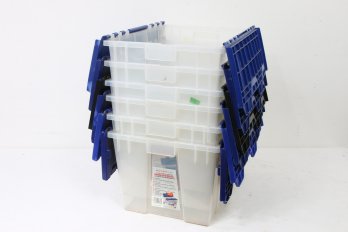 Group Of 6 Plastic 12 Gal Storage Bins Totes With Lids - Stackable