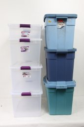 Group Of 7 Plastic Storage Bins Totes - Various Size