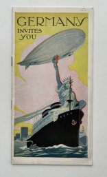 1930s Germany Invites You, Vintage Travel Brochure Cover Features Zeppelin, Statue Of Liberty
