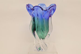 Royal Gallery Blue & Green Art Glass Twisted Vase With Ruffled Rim