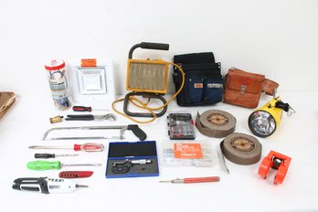 Group Of Various Tools Including Micrometer, Jewelox Sanding Cloth Rolls, Tool Belts & More