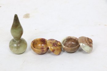 Group Of Miniature Chinese Soapstone Carvings Of Bowls With Lids And Gourd Shape Object