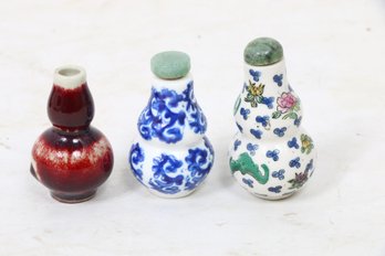 Group Of 3 Chinese Porcelain Gourd Shape Snuff Bottles
