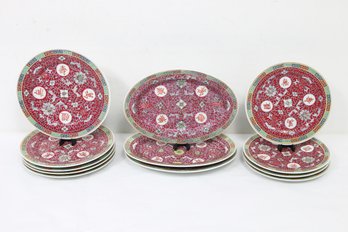Vintage Group Of Chinese Mun Shou Famille Rose Longevity Porcelain Plates And Serving Trays