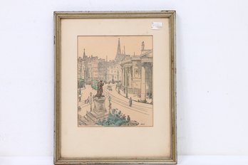 Vintage Hand Colored Print Titled ' College Green, Dublin ' By HILDA ROBERTS