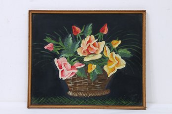 Antique 19th Century Folk Art Oil Painting On Cloth ' Still Life '