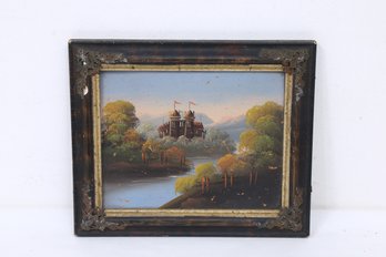 Antique 19th Century Oil Painting On Board Featuring A Castle On The Lake - Unsigned