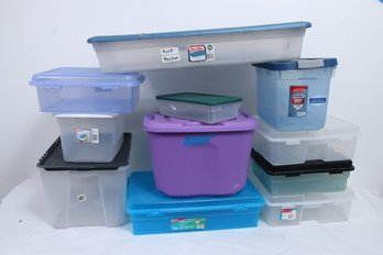 Group Of 11 Various Sizes Plastic Totes Storage Boxes With Lids - See Images For Some Sizes