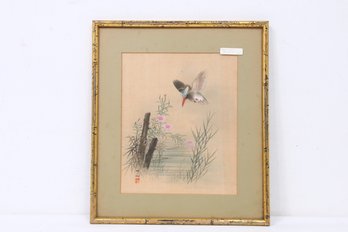 Vintage Asian Japanese Watercolor ? Woodblock On Silk ? ' Kingfisher Hunting  ' - Artist Signed