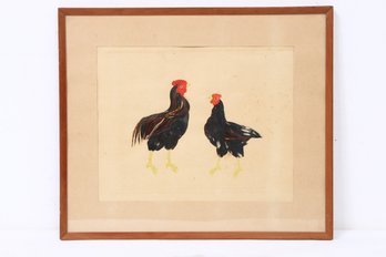 Vintage Pencil Drawing Of Chick And Rooster Filled With Real Feathers - Unsigned