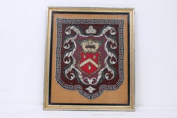 Vintage Beaded And Embroidered Coat Of Arms Featuring A Chevron Between Three Sinister Hands Couped.