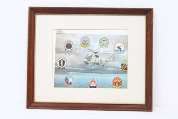 Framed Military Art Print Titled ' Sea King SH-3D Attack Helicopter ' With US Navy Squadron Patches