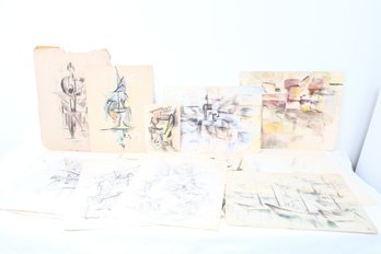 Large Group Of Study Abstract Drawings Watercolors - Pair Signed By The Artist