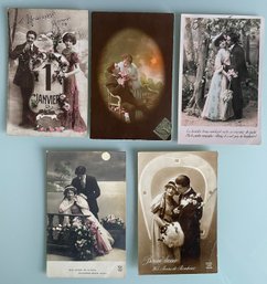 Pre WWI 5 Sentimental French Real Photo Postcards, Have Travelled Featuring Romantic Couples.