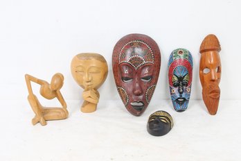 Vintage Wooden Decorative Lot With Sculptures And Masks - Some From Bali