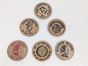 Lot Of 6 Various Wooden Nickels
