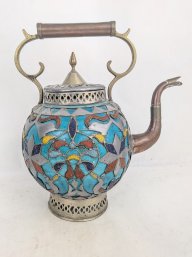 Antique Moroccan Teapot Painted Ceramic With Overlay