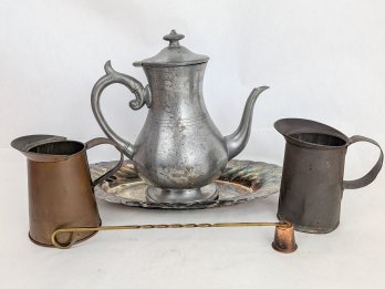 Mixed Metalware Lot, Pewter Pitcher, Copper Cups, More