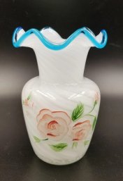 Vintage Fenton White Swirl Vase W/ Blue Ruffled Crest-Pink Roses - Excellent!