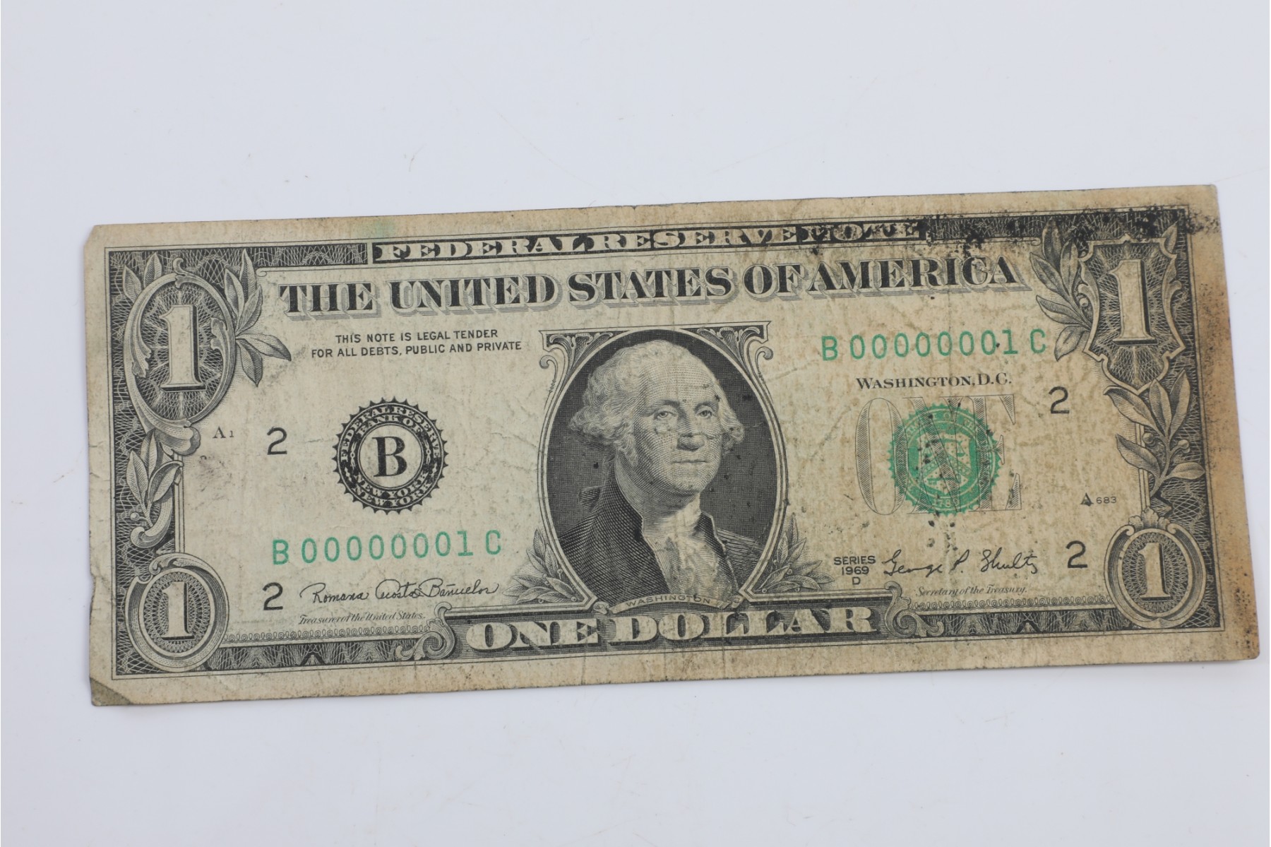 Extremely Rare 1969D One Dollar Bill With Serial Number B 00000001