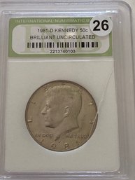 1981 D KENNEDY HALF DOLLAR. Case Has A Crack.