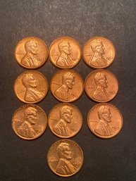 1963 D Wheat Pennies Lot Of 10. BU From Original Bank Roll.