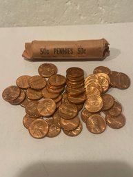 1969-S Lincoln Cents/Memorial Penny  BU Roll Of Uncirculated Pennies 50 Coins