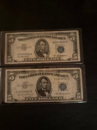 1953 A Silver Certificate Five Dollar Bill Lot Of 2