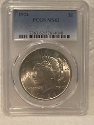 1924 $1 PCGS MS 62 Peace Silver Dollar, Better Semi-KEY Date Uncirculated Coin