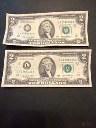 2003 A Two Dollar Bill Consecutive Serial Number Lot Of 2
