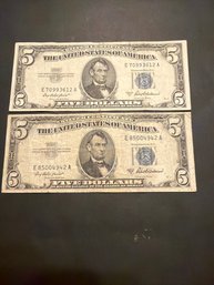 1953 A Silver Certificate Five Dollar Bill Lot Of 2