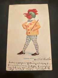 Postcard Anthropomorphic Dressed Rooster Chicken Crowing Again
