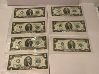 Lot Of 7 RARE Crisp Two Dollar Bill Uncirculated Sequential Serial # $2 Bill