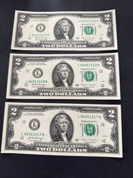 2017 A Two Dollar Bill Uncirculated Sequential Lot Of 3