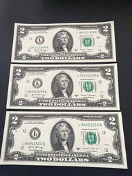2017 A Two Dollar Bill Uncirculated Sequential Lot Of 3