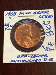 1968 S Lincoln Penny Rim Error.