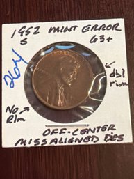 1952 S Lincoln Penny Rim Error.