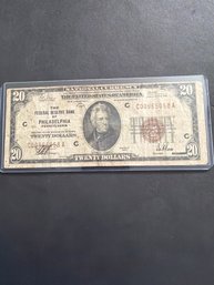 1929 Federal Reserve Bank Of Philadelphia Twenty Dollar Bill